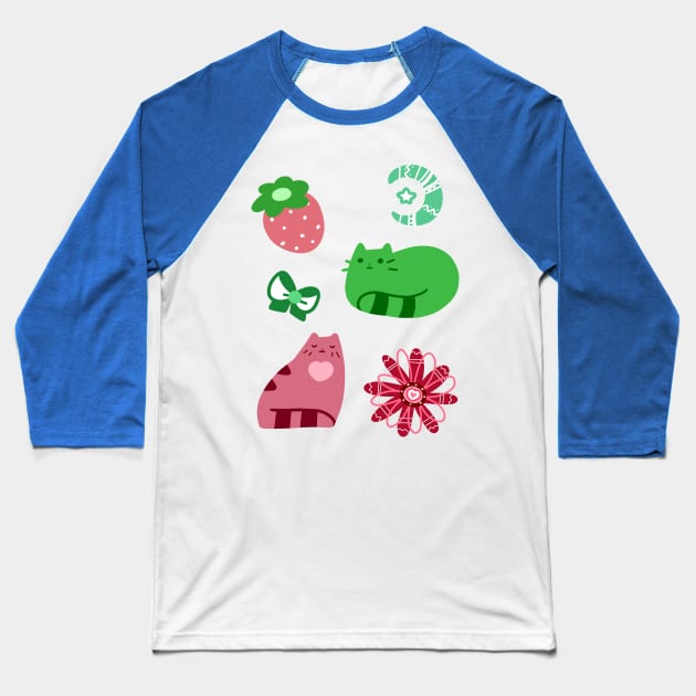 Green and Pink Strawberry Cats Baseball T-Shirt by saradaboru